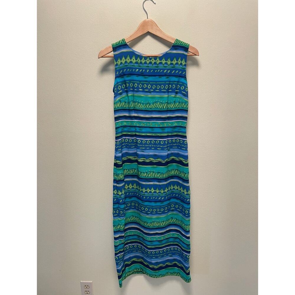 Vintage Kathie Lee Women Maxi Dress Size 4 Green Blue Geometric Sleeveless Boho